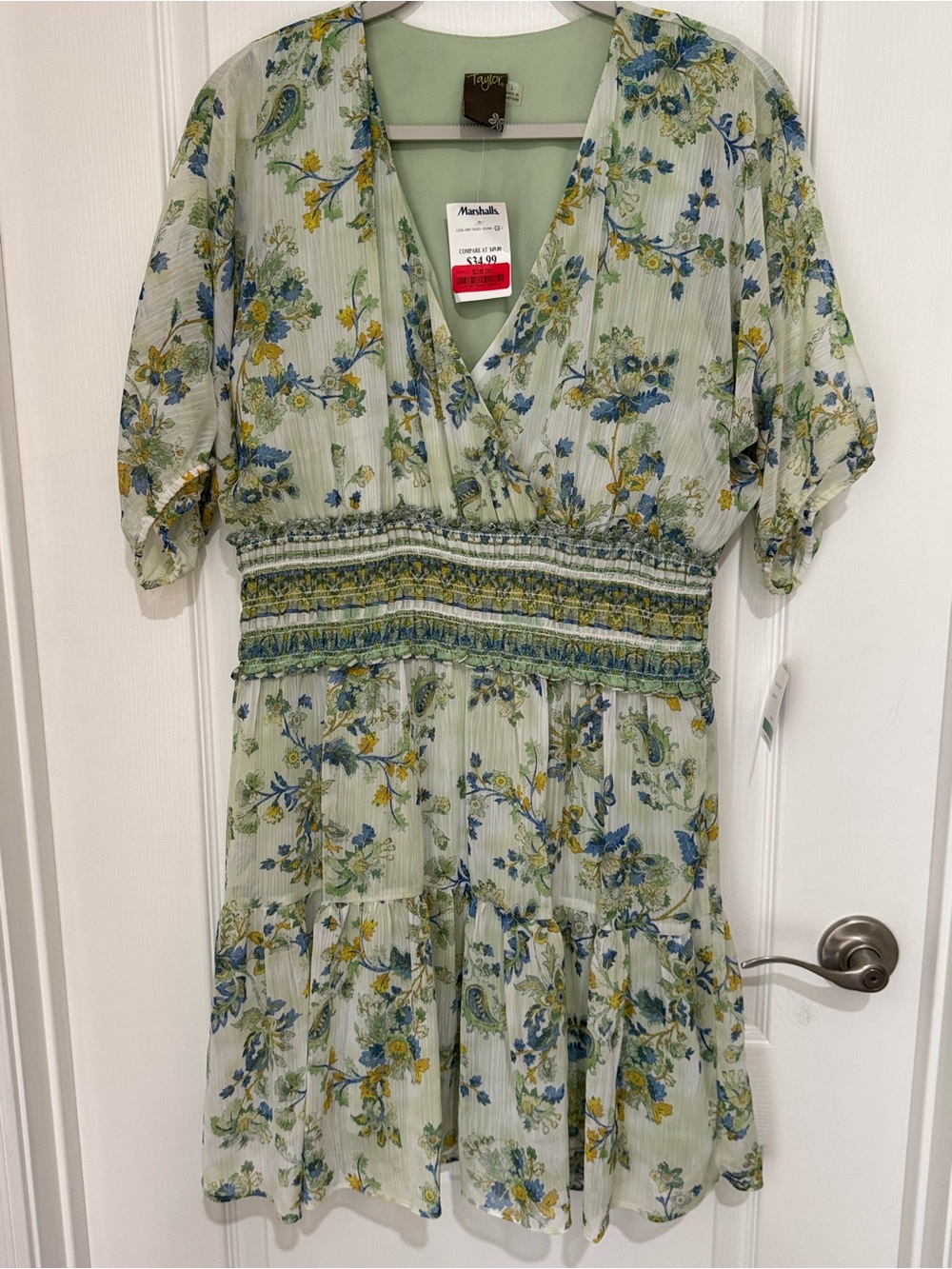 Taylor Light Green Floral Wrap Dress with Blue and Yellow Accents